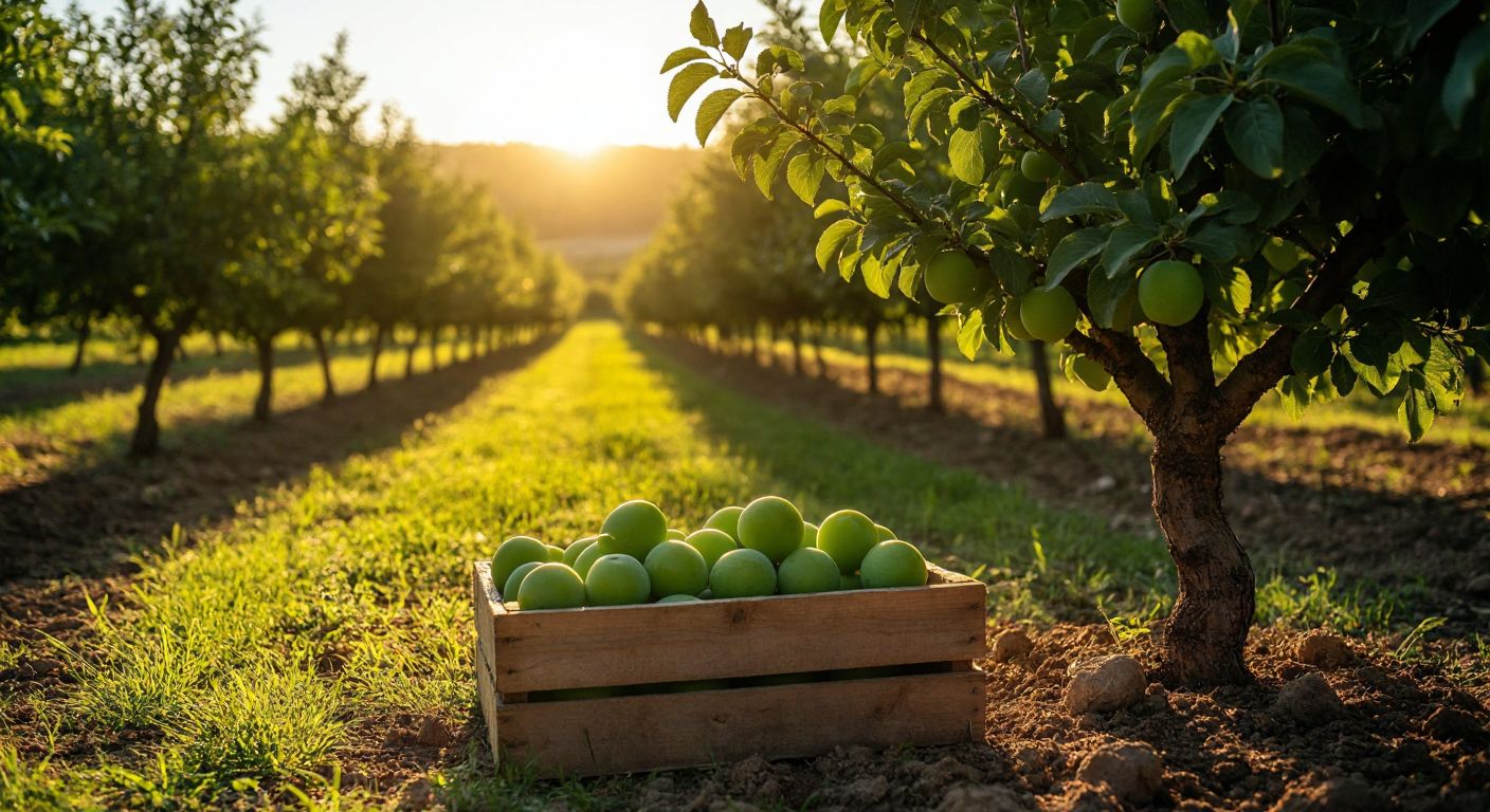 A sunlit Turkish orchard with two distinct elements: a vibrant green plum (yeşil can erik) resting on a wooden crate and a small, neatly pruned plum tree (tam bodur) growing nearby, their differences highlighted by the warm golden light of late afternoon.