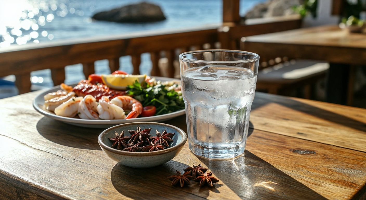 A rustic wooden table in a sunlit Aegean taverna holds a clear glass of ouzo with ice beside a small bowl of star anise, with a plate of fresh seafood meze in the background.