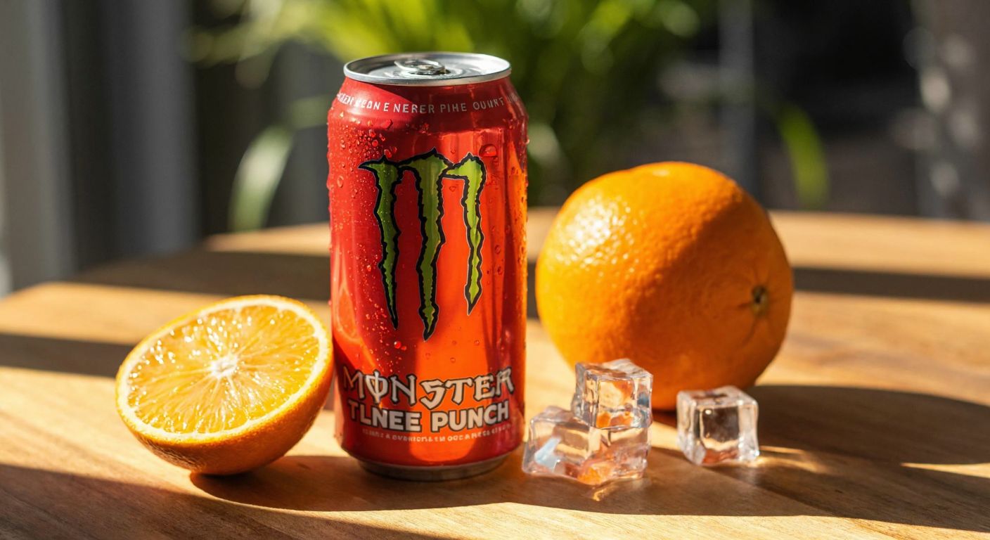 A vibrant can of Monster Pipeline Punch with condensation droplets, placed on a sunlit wooden table beside a sliced juicy orange and a few ice cubes, evoking refreshment and energy.