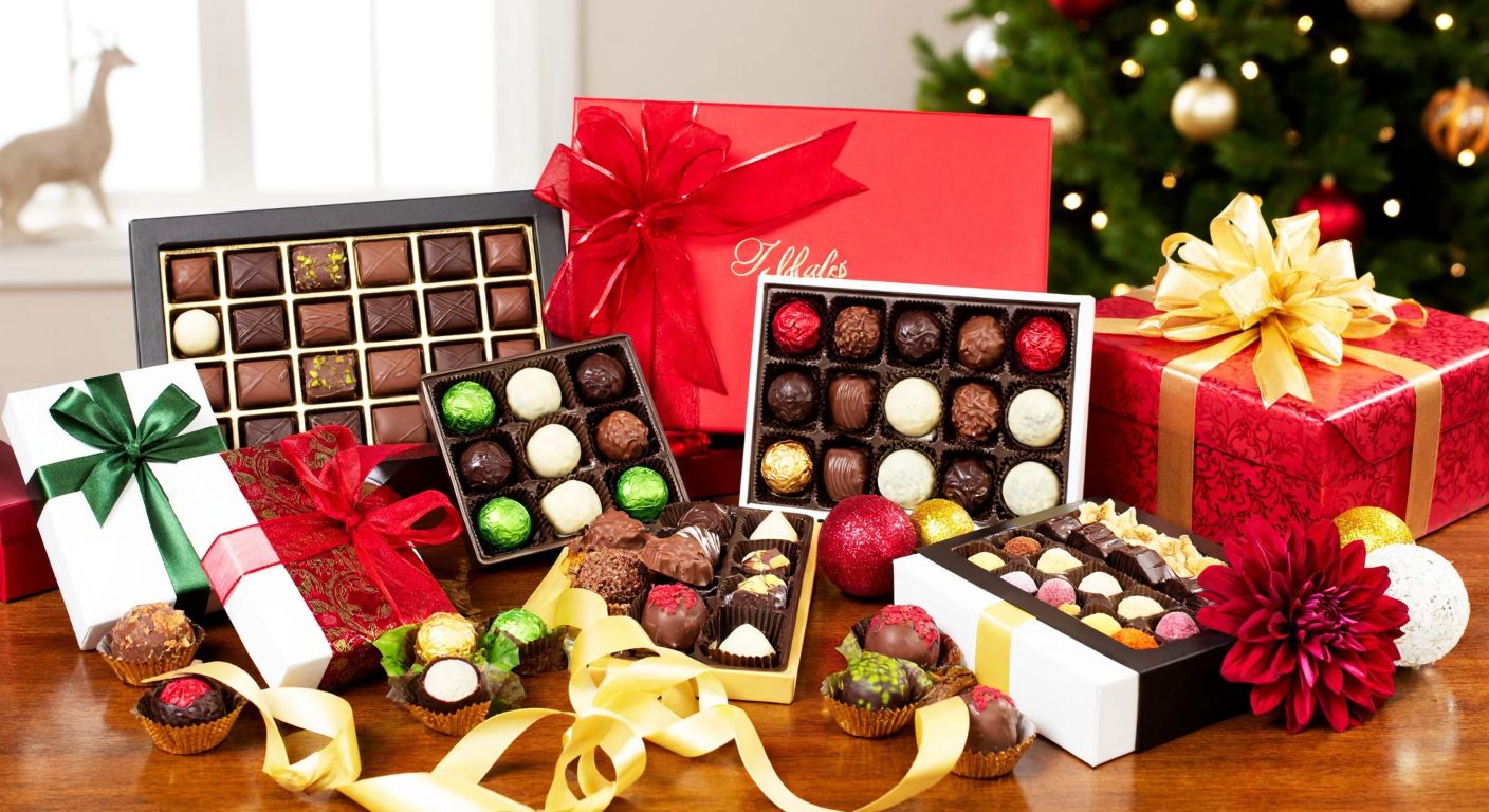 A vibrant display of assorted Turkish chocolate boxes in elegant gift wrapping, arranged on a wooden table with festive ribbons and decorative flowers, evoking warmth and celebration.