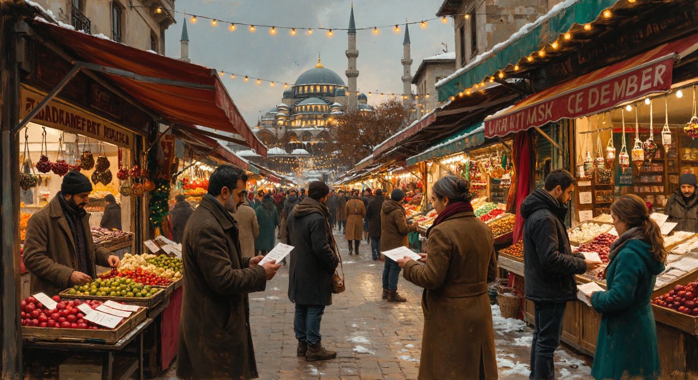 A festive Turkish bazaar scene with colorful stalls, people exchanging small paper slips (codes), and a large calendar page showing December, symbolizing the year-end deadline.