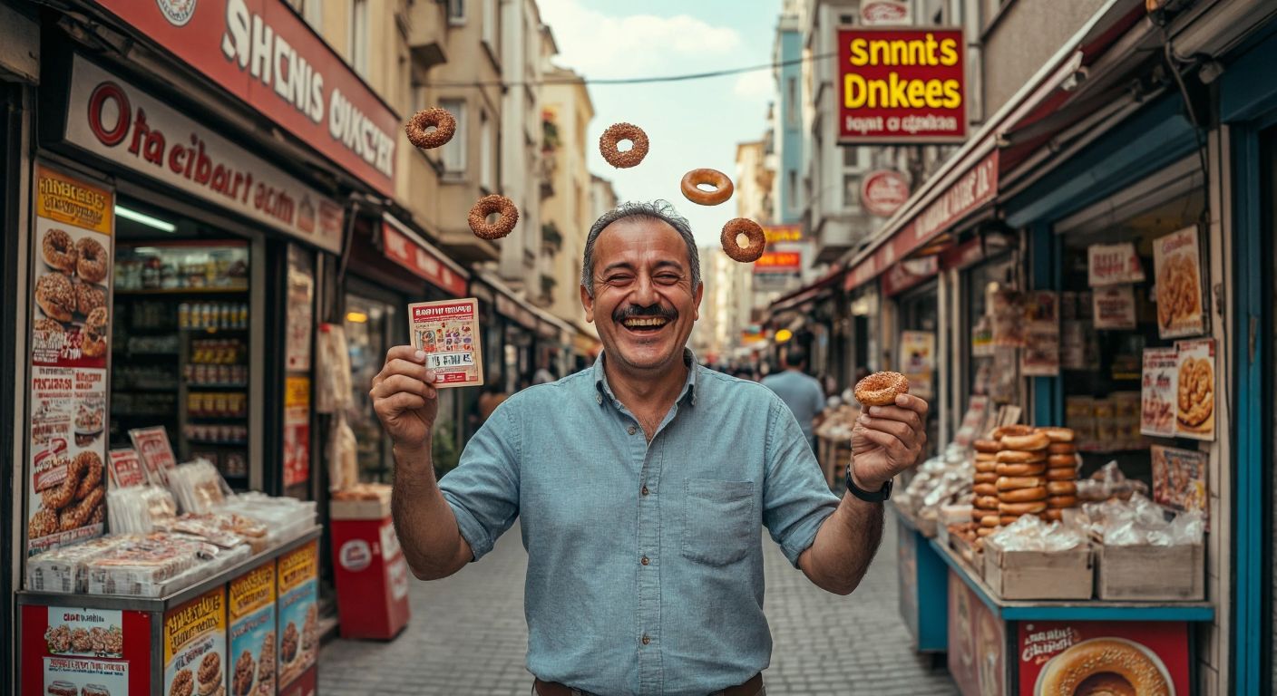 A smiling middle-aged man in a casual shirt holds up a lottery ticket with excitement, standing near a small kiosk in a bustling Turkish street, surrounded by colorful advertisements and the scent of simit in the air.