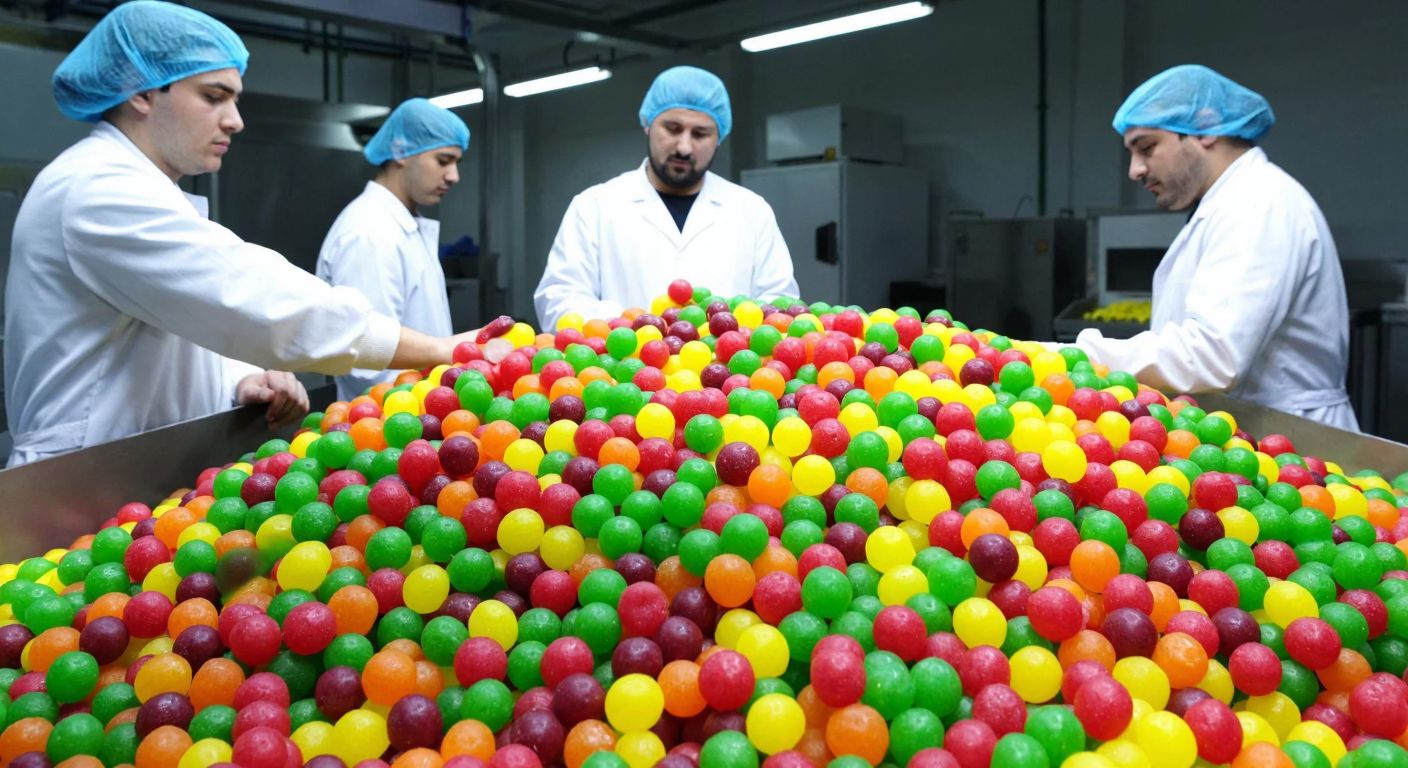A colorful pile of jelly candies in a factory setting, with Turkish workers in hairnets and white coats carefully inspecting the production line.