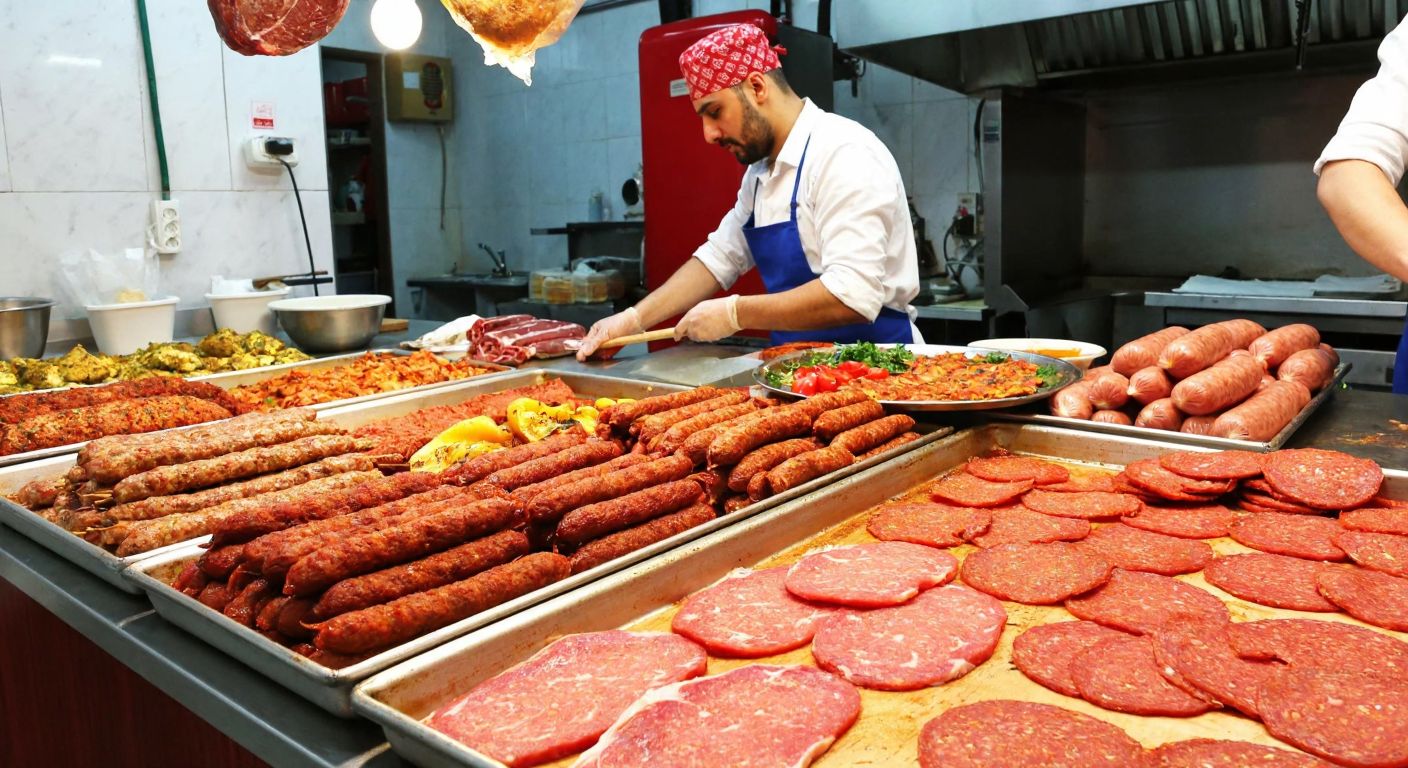 A bustling Turkish butcher shop with trays of freshly made kebabs, lahmacun, and sucuk, while a worker in the background prepares nuggets and sausages from mechanically separated poultry.
