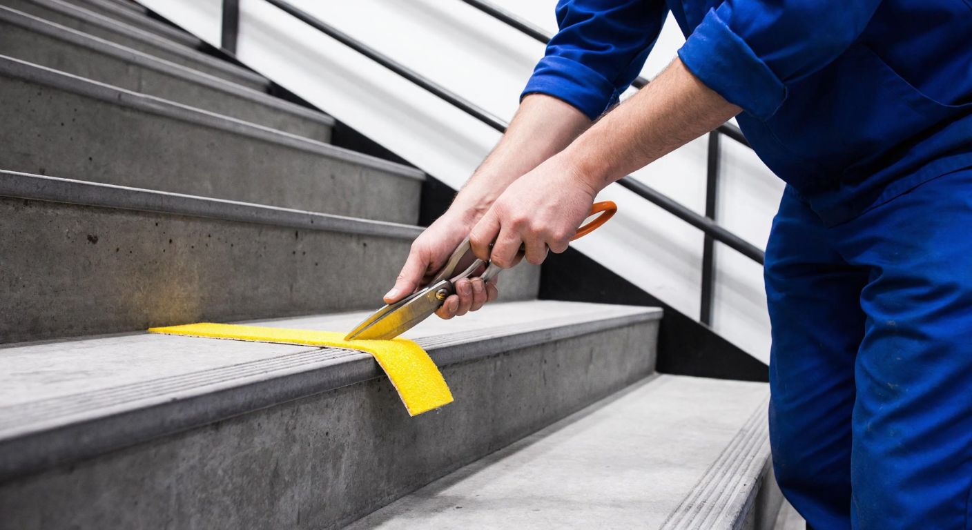 A worker in a blue uniform carefully applies anti-slip tape to the edge of a concrete staircase in a Turkish industrial setting, using scissors to cut the tape and pressing it firmly into place.