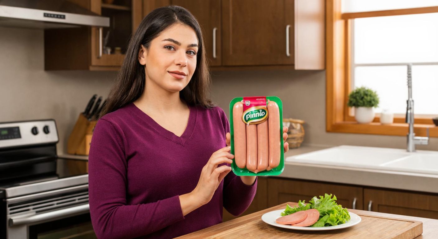 A Turkish woman in a kitchen thoughtfully holds a package of Pınar Füme Hindi Jumbo Sosis while a small portion of sliced sausage rests on a plate beside a fresh salad.