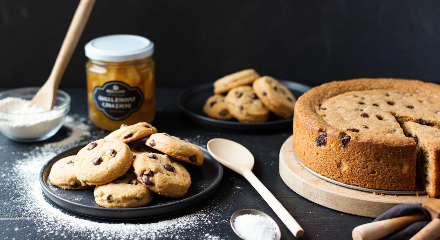 A rustic Turkish kitchen table set with a jar of golden honeysuckle jam, freshly baked chocolate chip cookies, and a warm apple cake, surrounded by scattered flour and a wooden spoon.