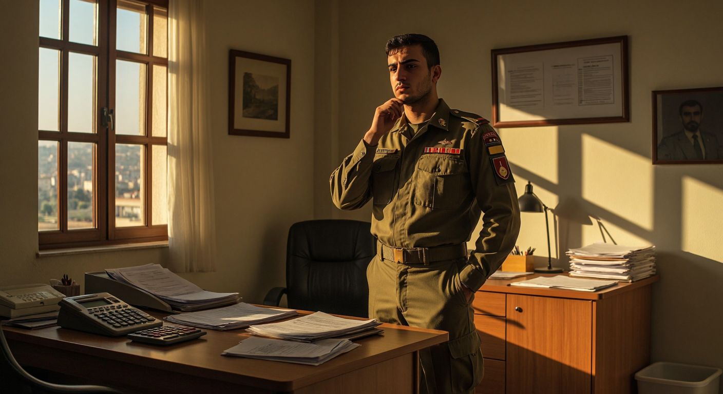 A young Turkish man in military uniform stands thoughtfully beside a desk with a calculator and paperwork, while a warm light casts shadows in a modest office setting.