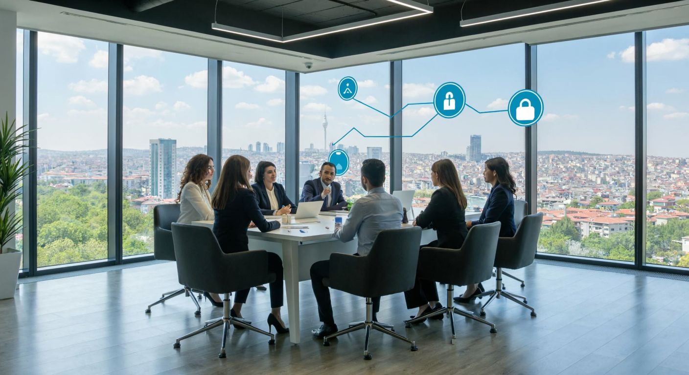 A modern office in Istanbul with a diverse team of professionals in business attire collaborating around a large table, surrounded by icons representing healthcare, security, and customer service, with a skyline view of the city through the windows.