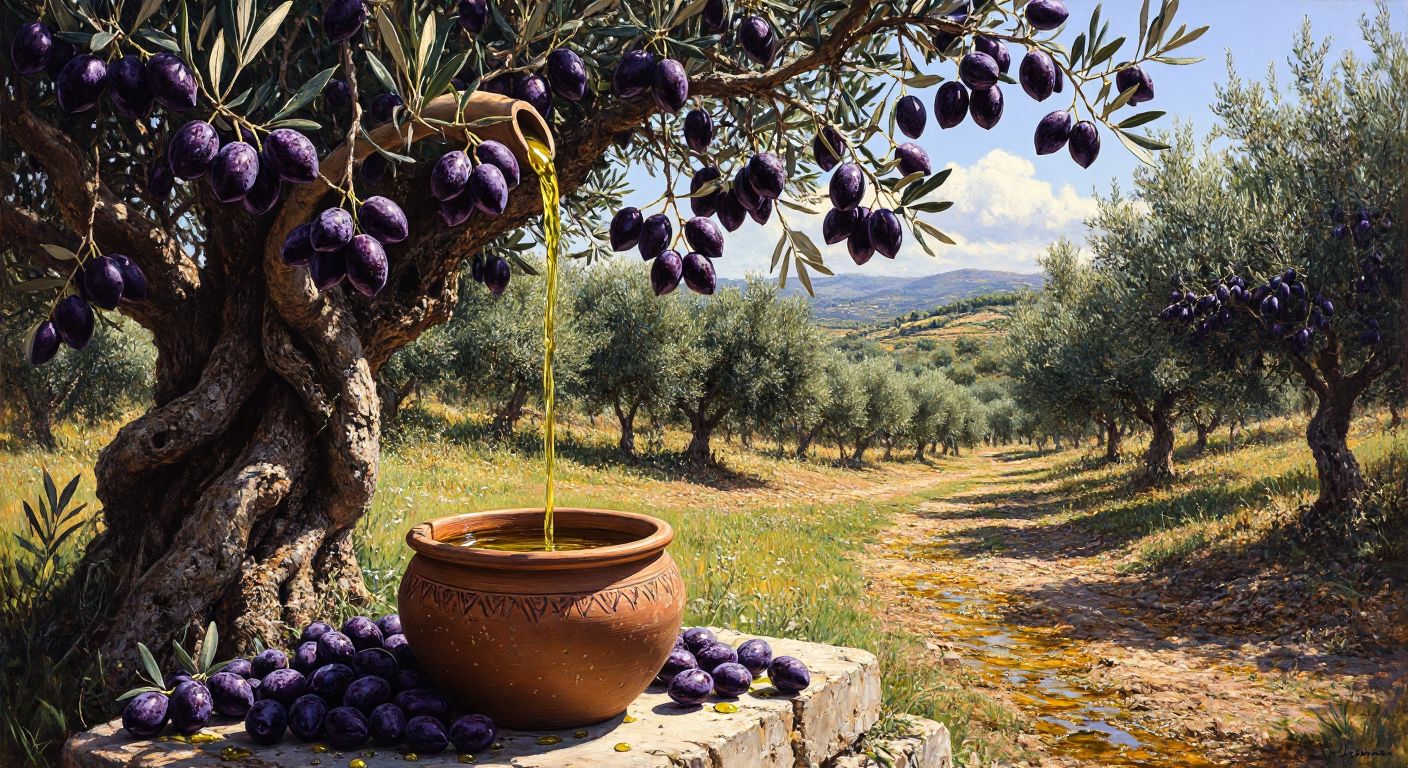 A sunlit olive grove in Çanakkale with ripe, dark purple olives hanging from gnarled branches, a weathered wooden press in the background, and a golden stream of fresh olive oil pouring into a traditional clay jar.