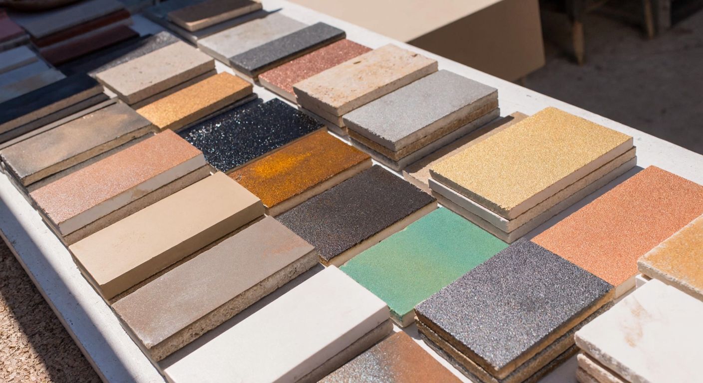 A vibrant display of colorful grout samples in earthy tones like beige, metallic gold, silver, and copper, neatly arranged on a sunlit Turkish tile workshop table.