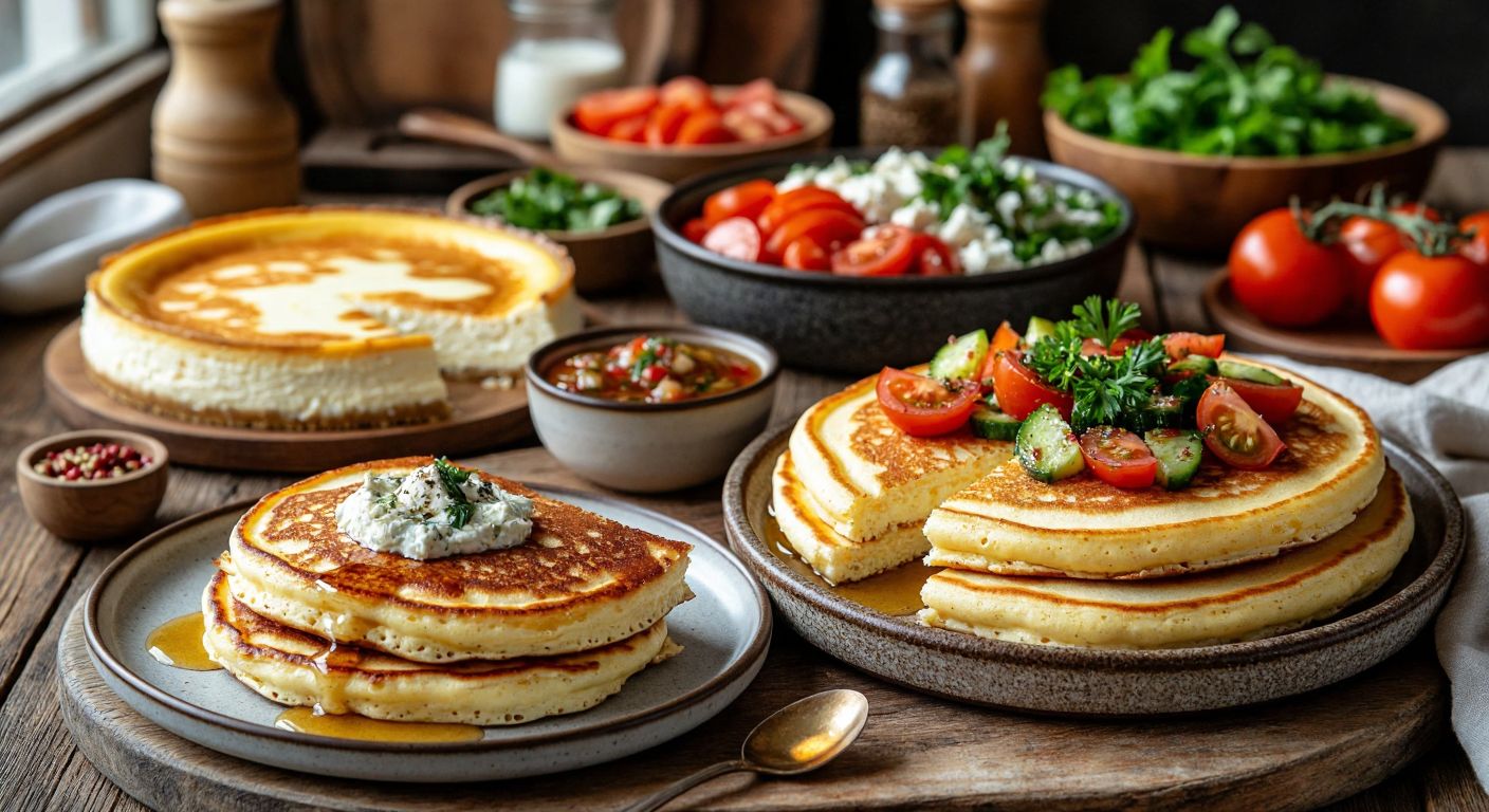 A rustic wooden table in a Turkish kitchen is filled with a creamy cheesecake, a bowl of garlicky dip with fresh vegetables, a plate of fluffy pancakes drizzled with honey, and a toasted sandwich oozing with melted cream cheese.