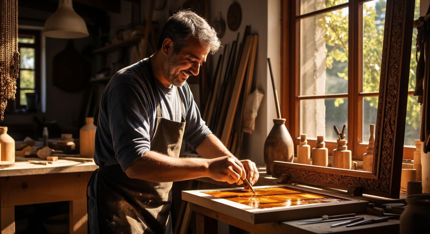 A Turkish craftsman in a sunlit workshop carefully applying glossy varnish to a decorative wooden frame, with a satisfied smile as the finish enhances its beauty and durability.
