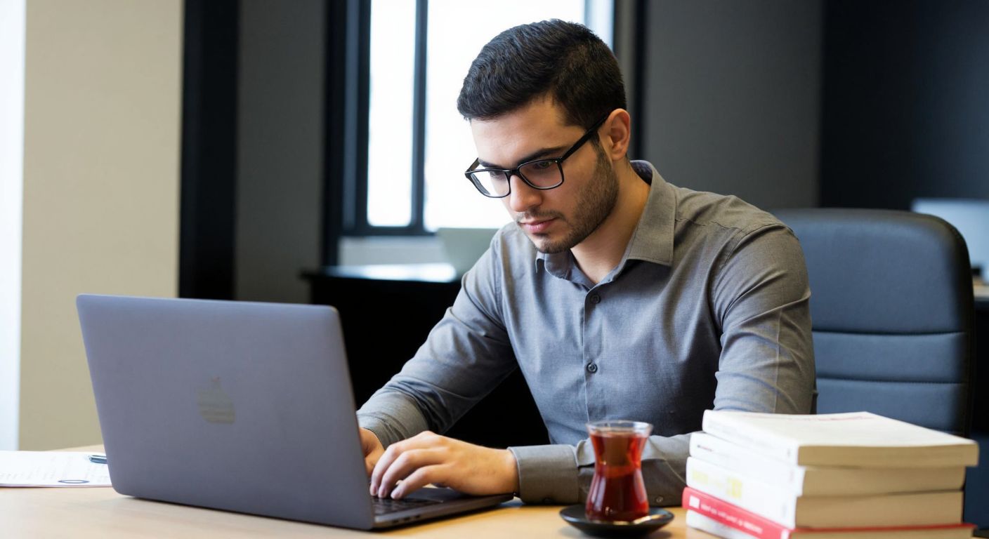 A focused young adult in a modern Turkish office setting, wearing glasses and a button-up shirt, intently browsing a laptop screen with a stack of accounting books and a steaming cup of Turkish tea beside them.