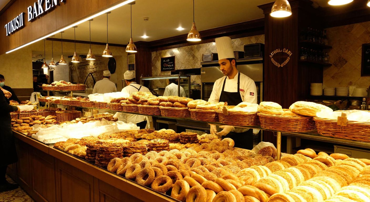 A bustling Turkish bakery with golden simits and pastries on display, surrounded by workers in white aprons and a warm, inviting atmosphere.