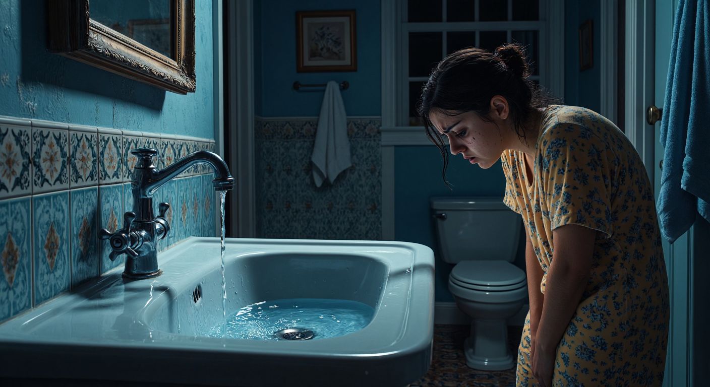 A Turkish-style bathroom sink with a dripping faucet at night, water pooling wastefully below, while a concerned homeowner in pajamas frowns at the wasted resource.