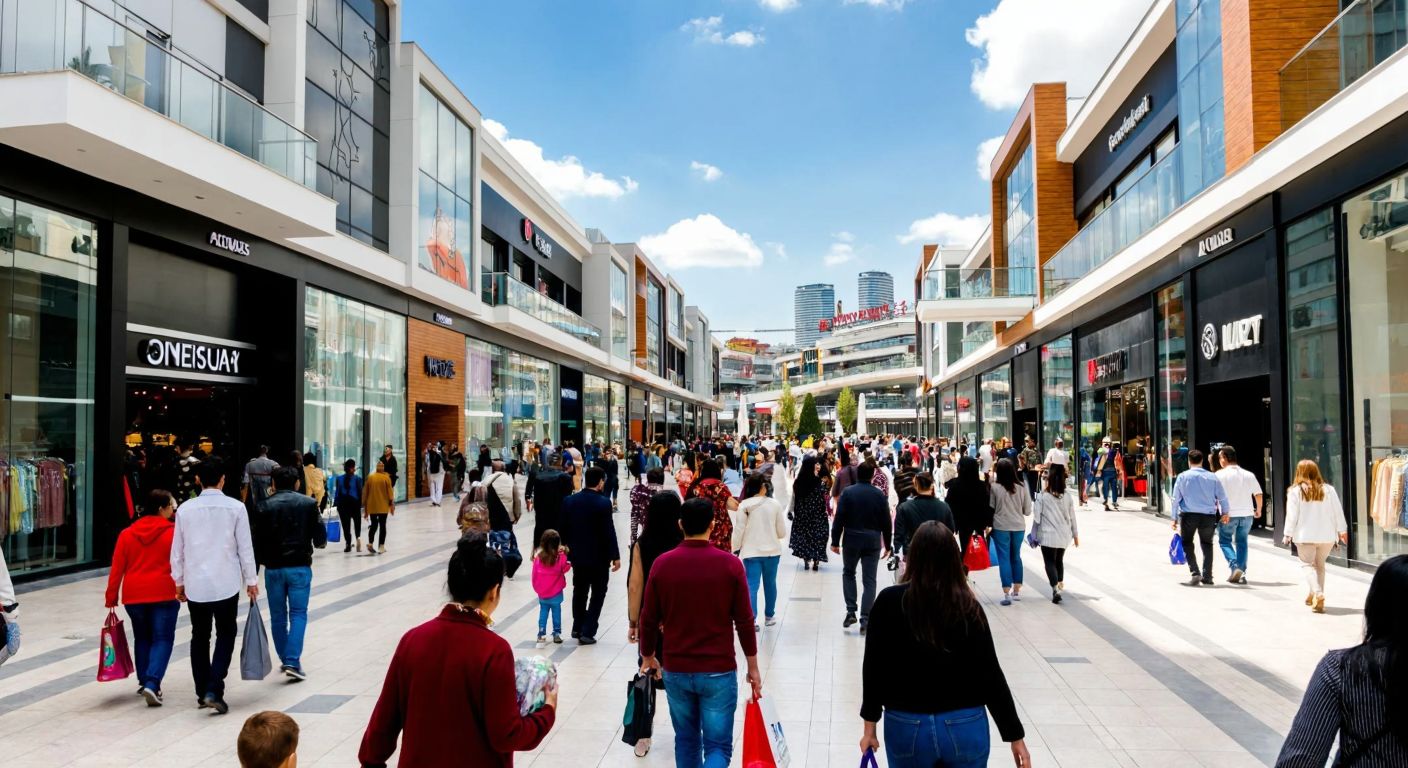 A bustling shopping mall in Yenibosna with modern glass facades, crowded with diverse shoppers carrying colorful bags, framed by the urban skyline of Istanbul.