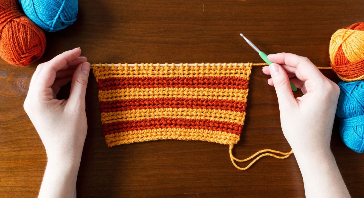 A pair of hands holding a crochet hook and vibrant yarn, beginning to weave a Tunisian-style washcloth on a wooden table, with a neatly formed chain of stitches in warm, earthy tones.