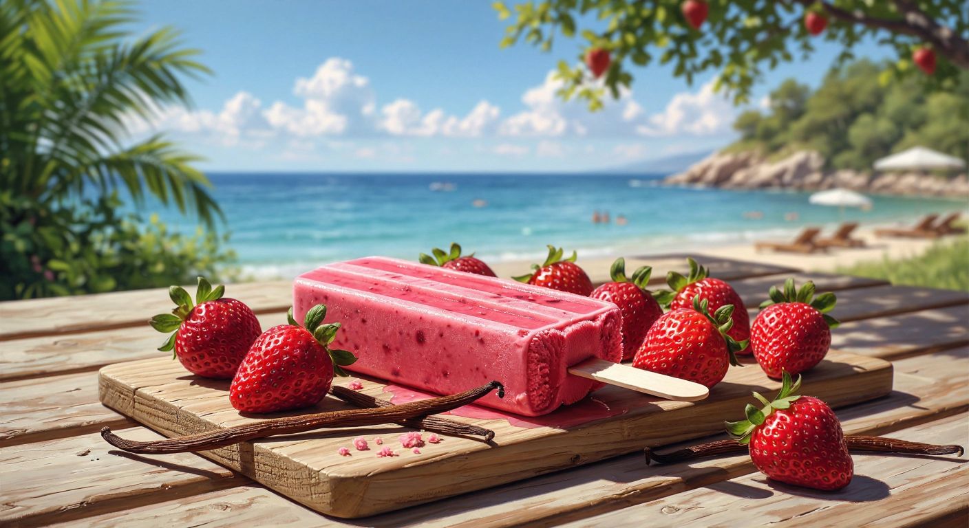 A vibrant pink strawberry ice cream bar with a creamy vanilla core sits on a wooden picnic table under the warm Turkish sun, surrounded by fresh strawberries and vanilla pods.