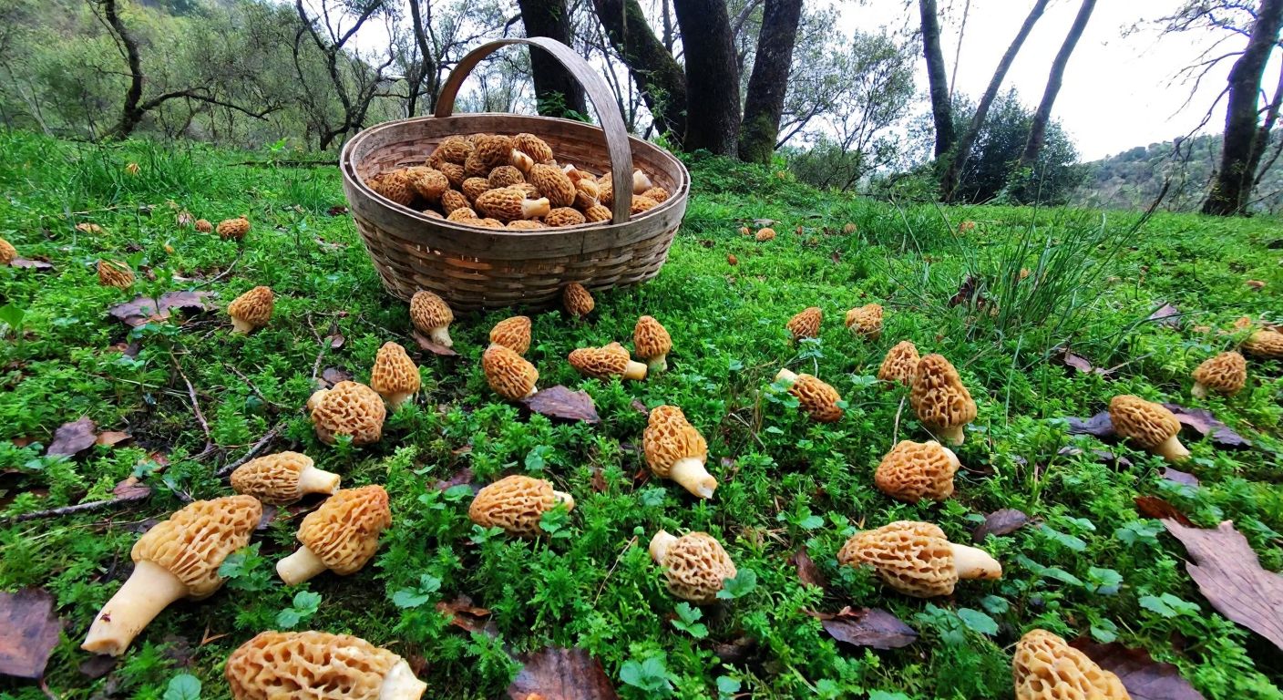 A lush green forest floor in Bergama, İzmir, scattered with golden-brown morel mushrooms, their honeycomb-like caps peeking through fallen leaves, while a weathered basket sits nearby, ready for harvest.