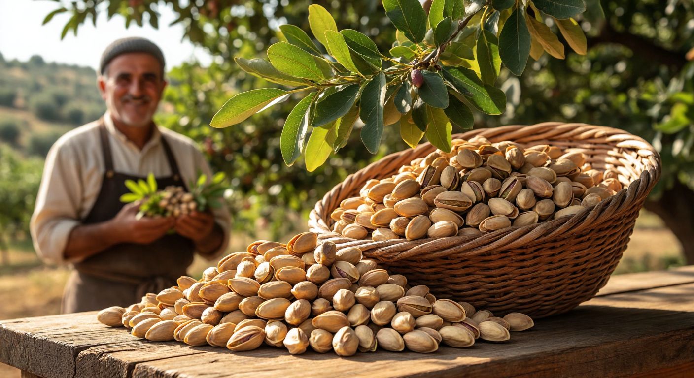 A close-up of golden-brown, plump Antep pistachios spilling from a rustic woven basket onto a sunlit wooden table, with a smiling Turkish farmer in the background holding a fresh pistachio branch.