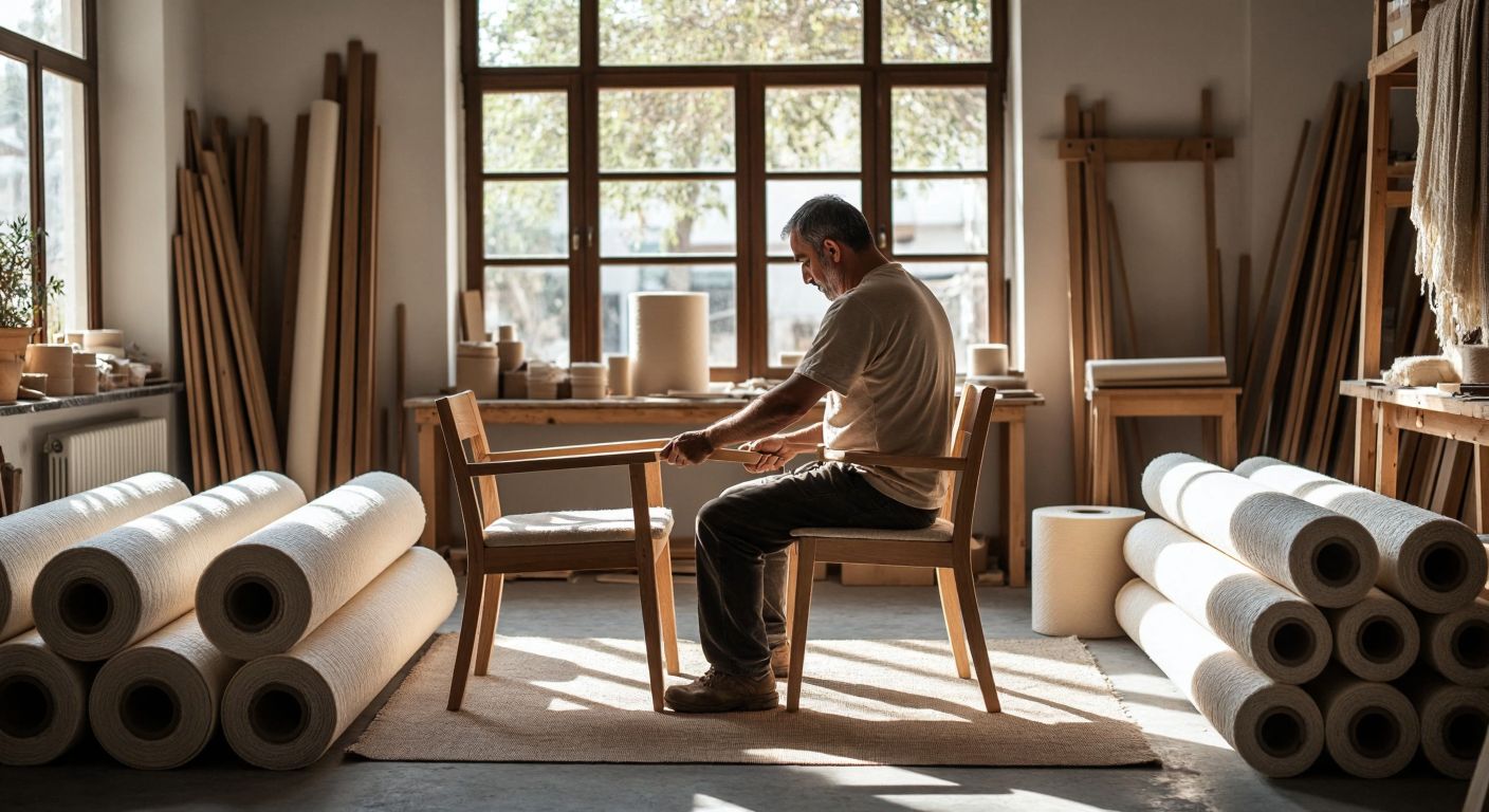 A craftsman in a Turkish workshop carefully assembles a sturdy wooden chair frame, surrounded by rolls of tightly woven fabric and high-density foam, with sunlight streaming through the window onto the unfinished furniture.