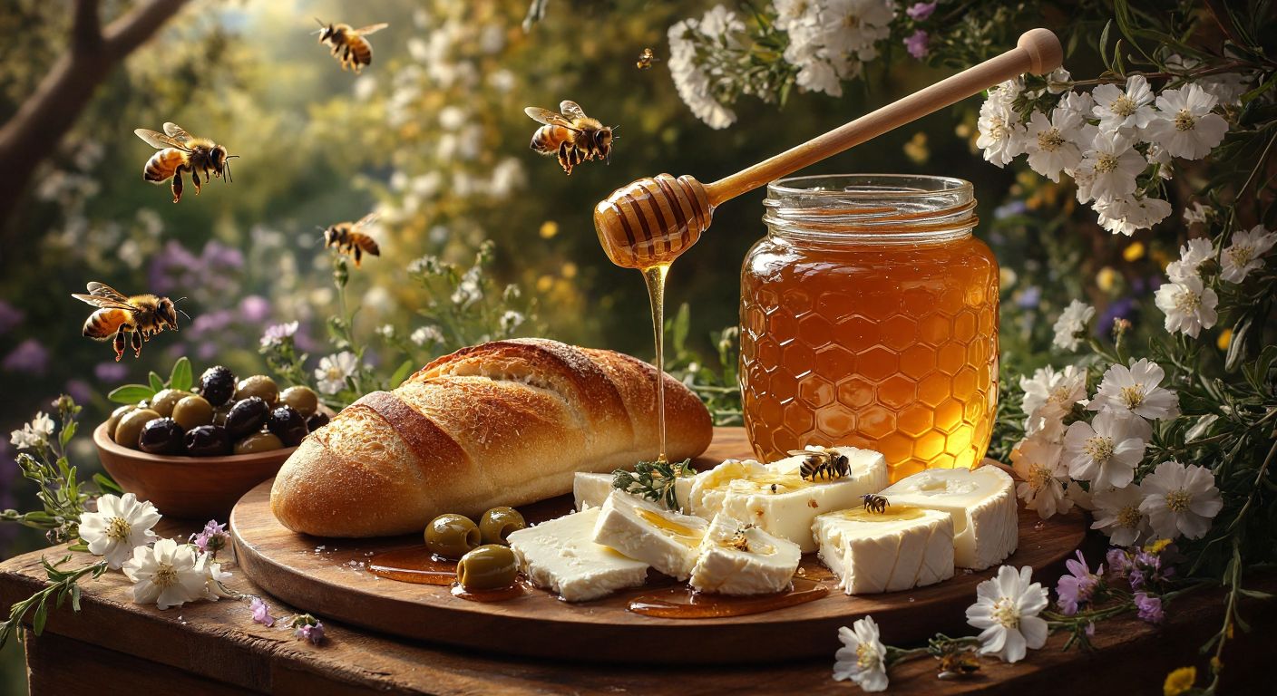 A golden honey jar with a wooden dipper dripping thick amber honey onto a traditional Turkish breakfast spread of fresh bread, olives, and white cheese, surrounded by buzzing bees and wildflowers.
