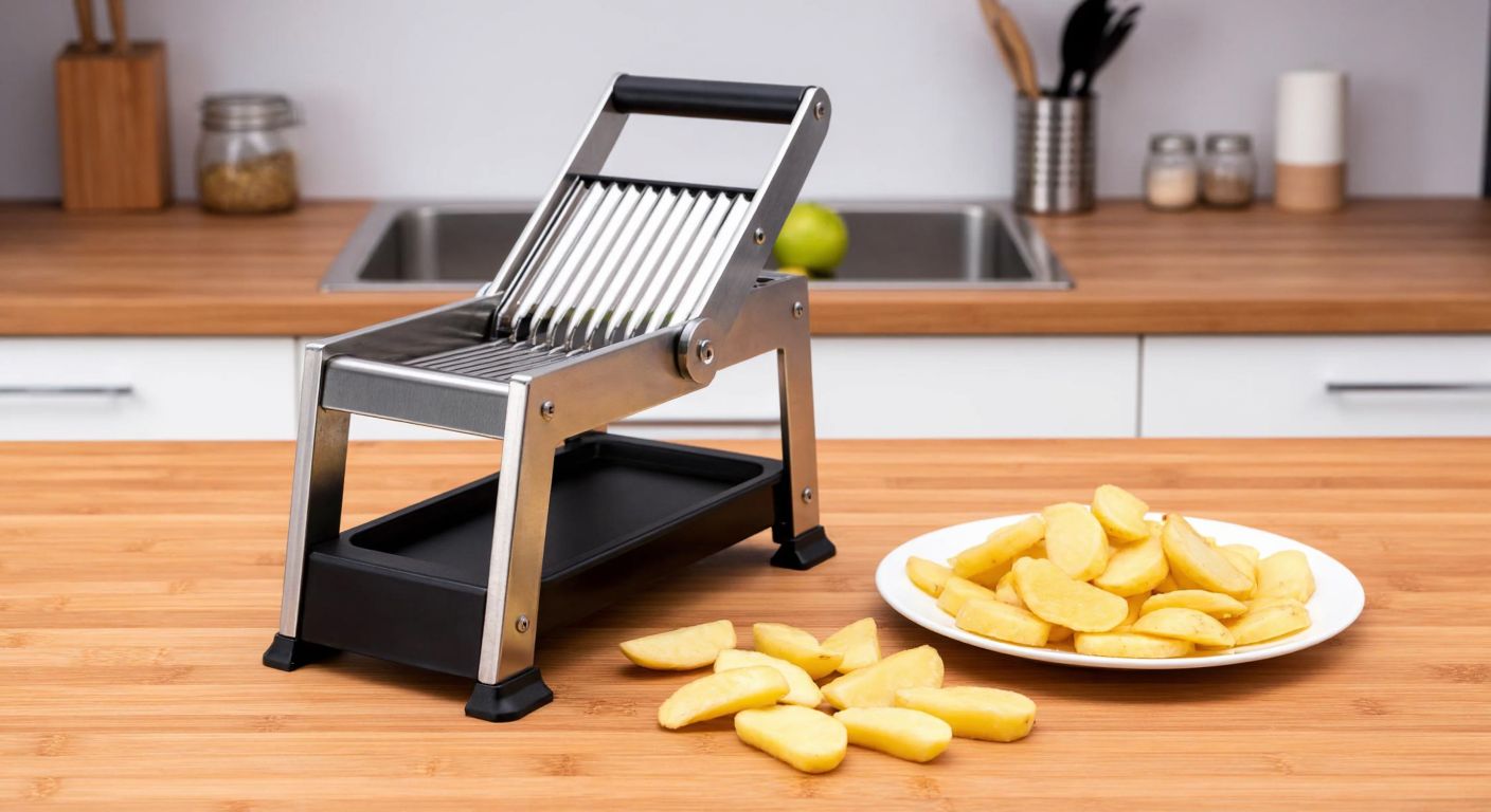 A stainless steel potato slicer sits on a wooden kitchen counter in Dubai, with evenly sliced golden potatoes spilling onto a white plate beside it, evoking efficiency and culinary ease.