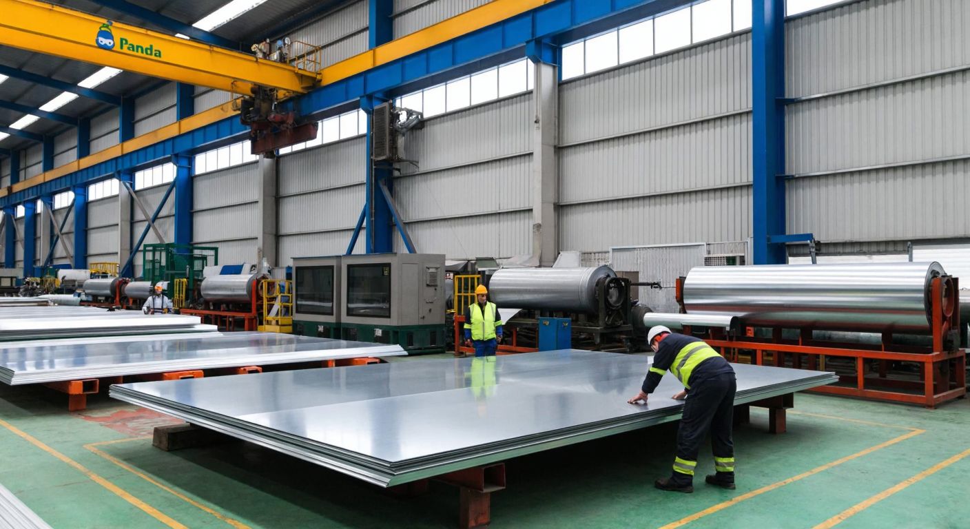 A modern aluminum factory in Ankara with large industrial machinery, workers in safety gear inspecting shiny metal sheets, and the Panda Group logo subtly displayed on the building.