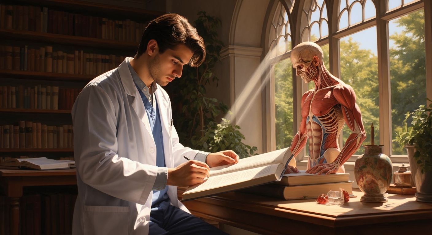 A focused young Turkish medical student in a white coat studies a detailed anatomical illustration from a thick textbook in a sunlit university library.