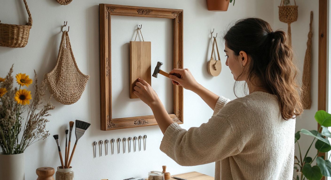 A Turkish woman in a cozy home carefully hangs a decorative wooden frame on a white wall using a small hammer and nails, with various hanging tools like adhesive strips and hooks neatly laid out on a nearby table.