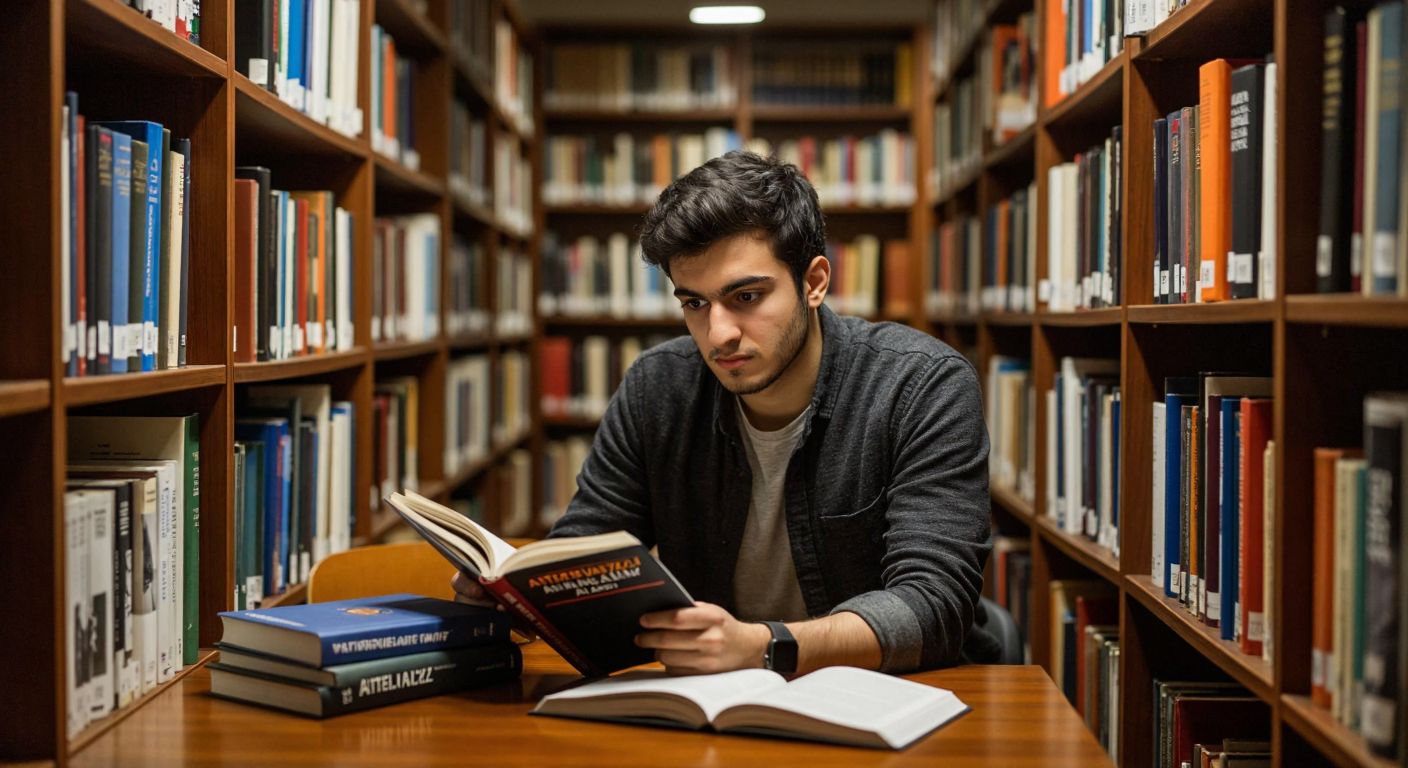 A focused Turkish electrical engineering student in a library, surrounded by textbooks and looking curiously at a bookshelf, with a single highlighted book titled "Alternatif Akım Devre Analizi" placed prominently on a wooden table.
