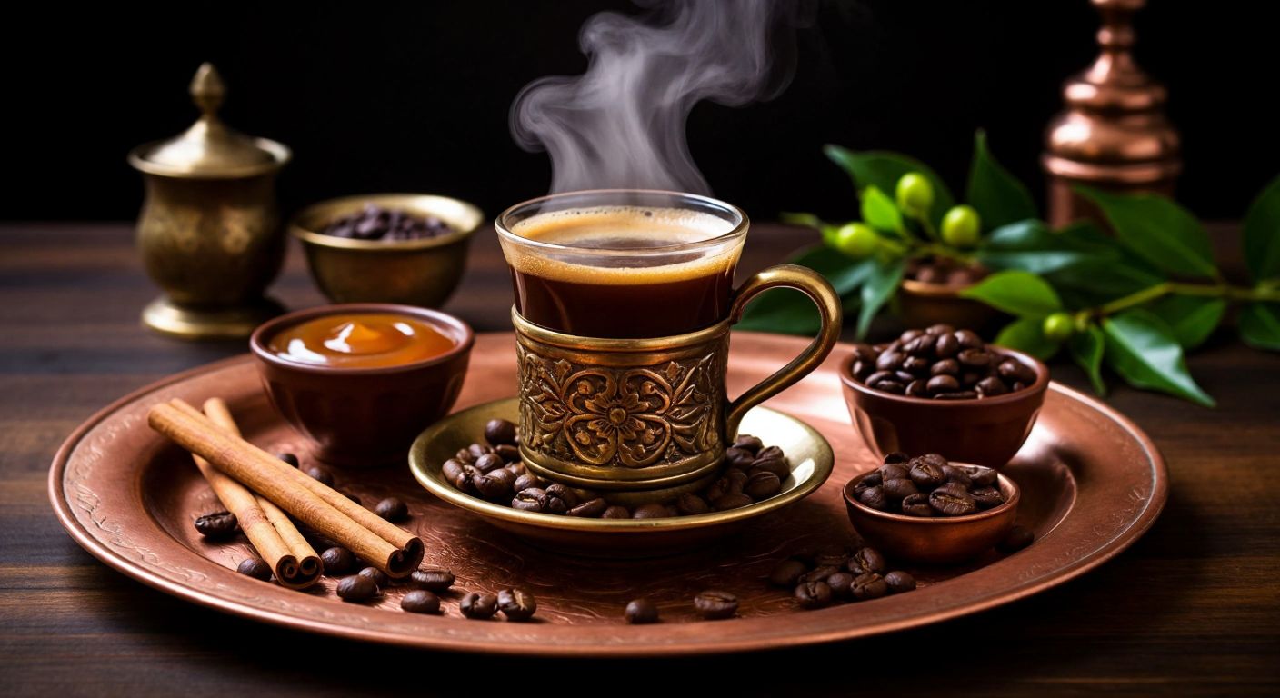 A warm Turkish coffee cup sits on a copper tray surrounded by small bowls of caramel, honey, chocolate, cinnamon sticks, vanilla pods, and fresh green coffee beans, with steam rising gently from the cup.