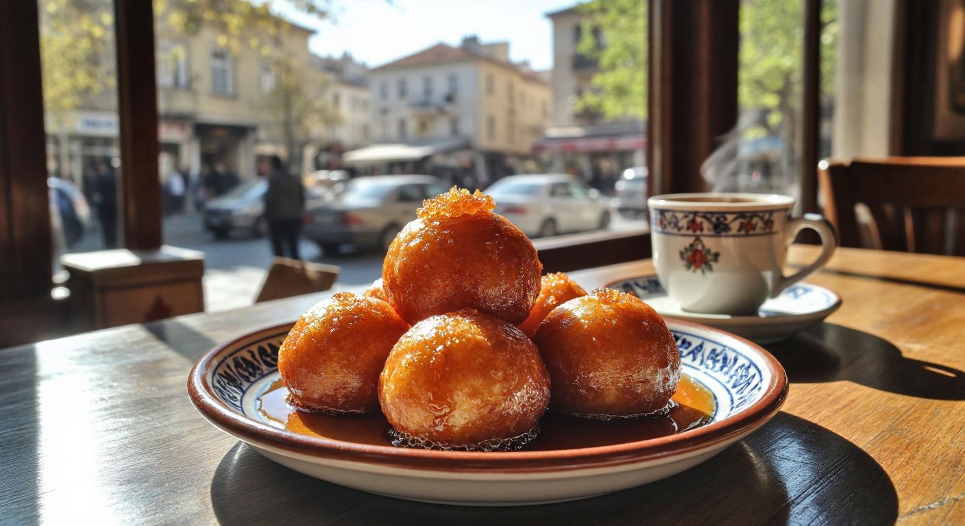 A golden-brown, syrup-drenched **taşak lokması** (fried dough ball) sits on a traditional ceramic plate in a sunlit İzmir café, with a steaming cup of Turkish coffee beside it.