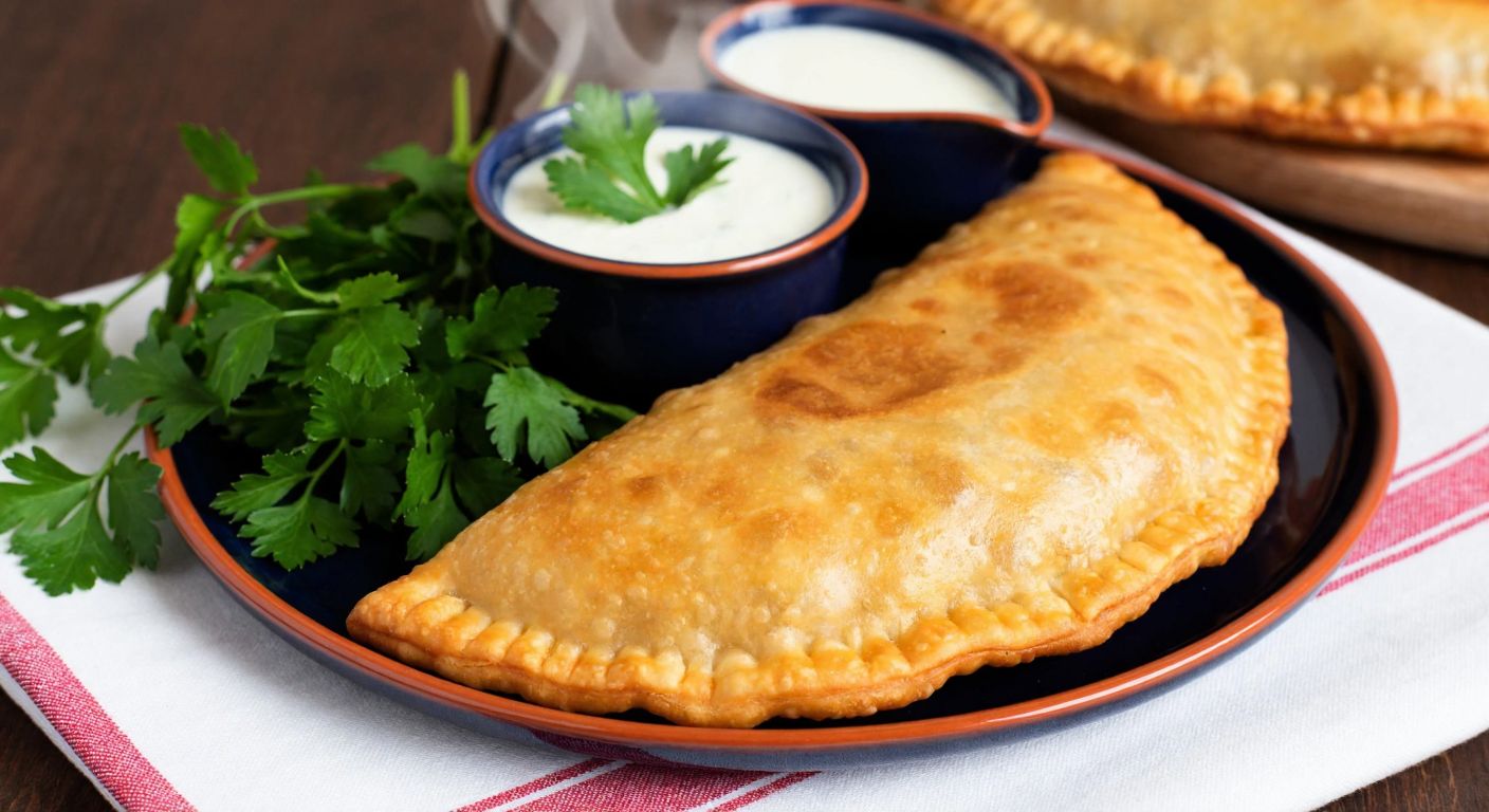 A golden-brown, crescent-shaped çibörek sits on a traditional Tatar ceramic plate, with steam rising from its crispy crust, surrounded by fresh parsley and a small bowl of tangy yogurt sauce.