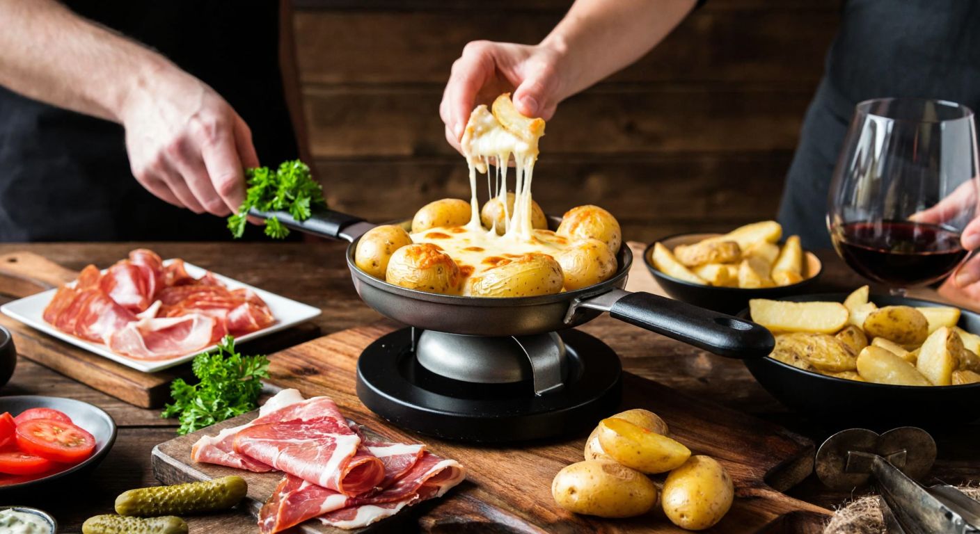 A warm, rustic wooden table in a cozy Swiss chalet setting, with a raclette machine melting golden cheese over small potatoes, surrounded by slices of cured meats, pickles, and fresh herbs, while a group of friends laugh and share the meal.