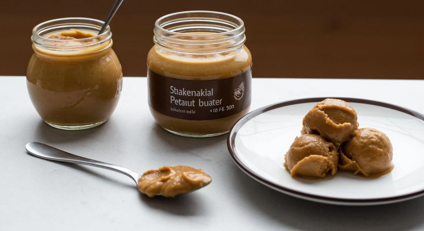 A Turkish kitchen counter with a jar of creamy peanut butter, a tablespoon and teaspoon beside it, and a small pile of peanut butter scoops on a plate, evoking a practical cooking scene.