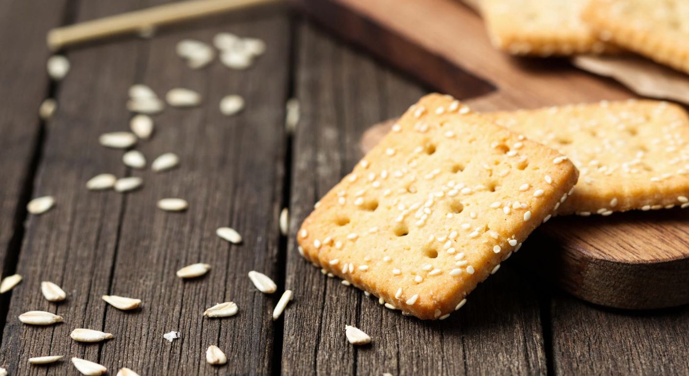A close-up of a single crisp, golden-brown sesame cracker on a rustic wooden table, with scattered sesame seeds around it, evoking a simple and wholesome snack.