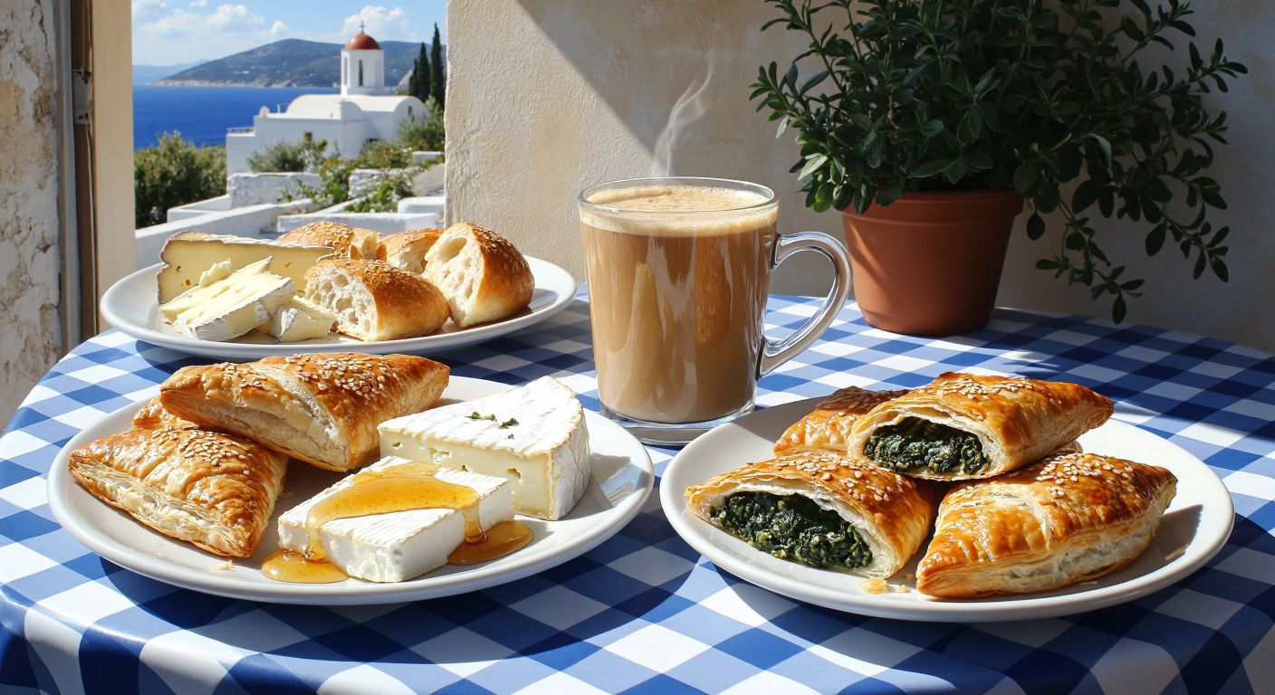 A sunlit Greek breakfast table with a steaming cup of frappe, a plate of assorted cheeses, warm bread with honey drizzled over it, and flaky spinach-filled pastries, all set against a backdrop of a blue-and-white checkered tablecloth.