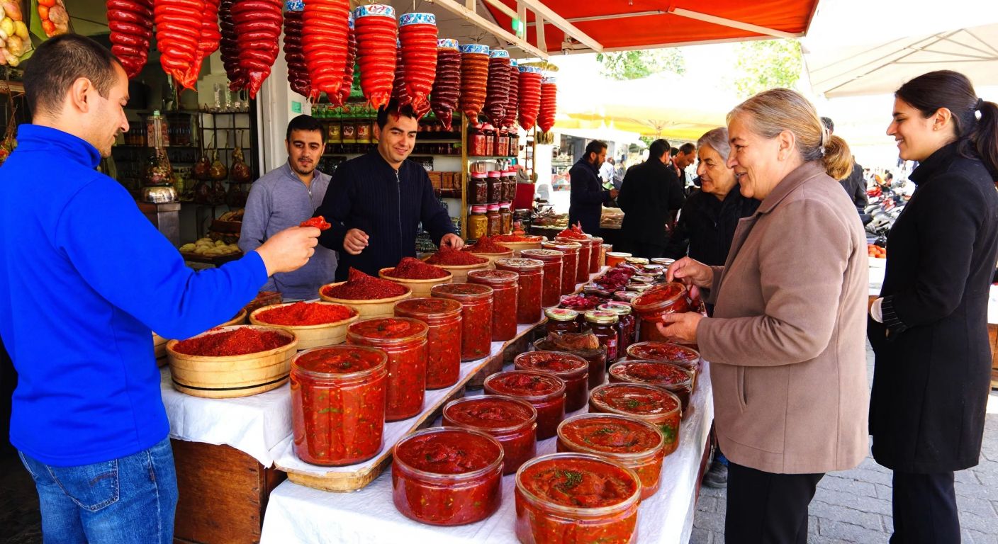 A bustling marketplace in Hatay, Turkey, with vibrant red pepper and tomato pastes displayed in traditional jars, surrounded by smiling vendors and customers eagerly sampling the rich, aromatic flavors.