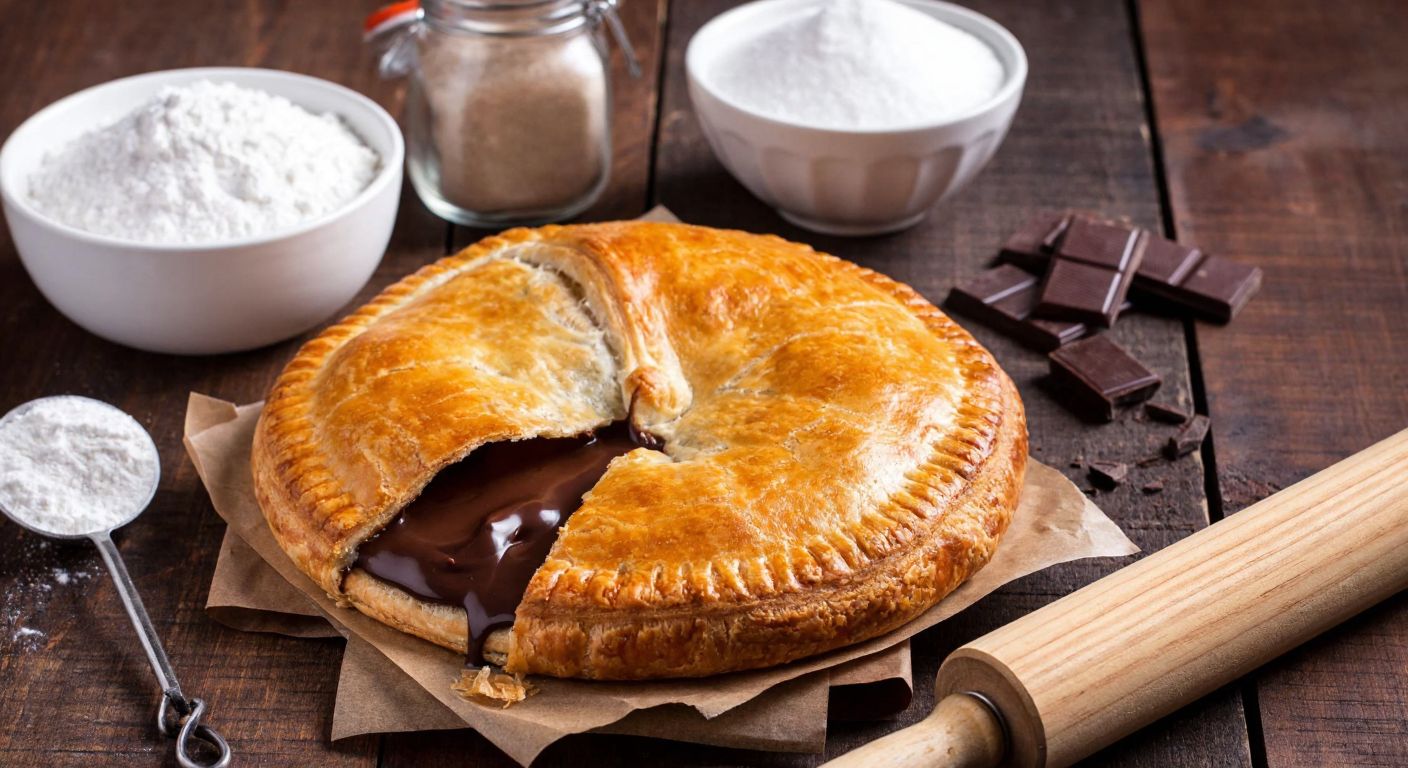 A warm, golden-brown flaky pastry with melted chocolate oozing out, placed on a rustic wooden table next to a bowl of flour, a jar of sugar, and a small pile of chocolate chunks, with a rolling pin and a whisk resting nearby.