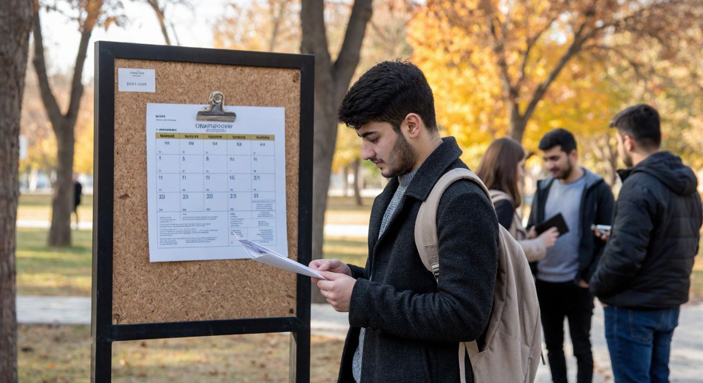 A young student in a university campus in Samsun, holding a registration form while looking at a calendar pinned to a noticeboard, surrounded by autumn trees and other students chatting nearby.