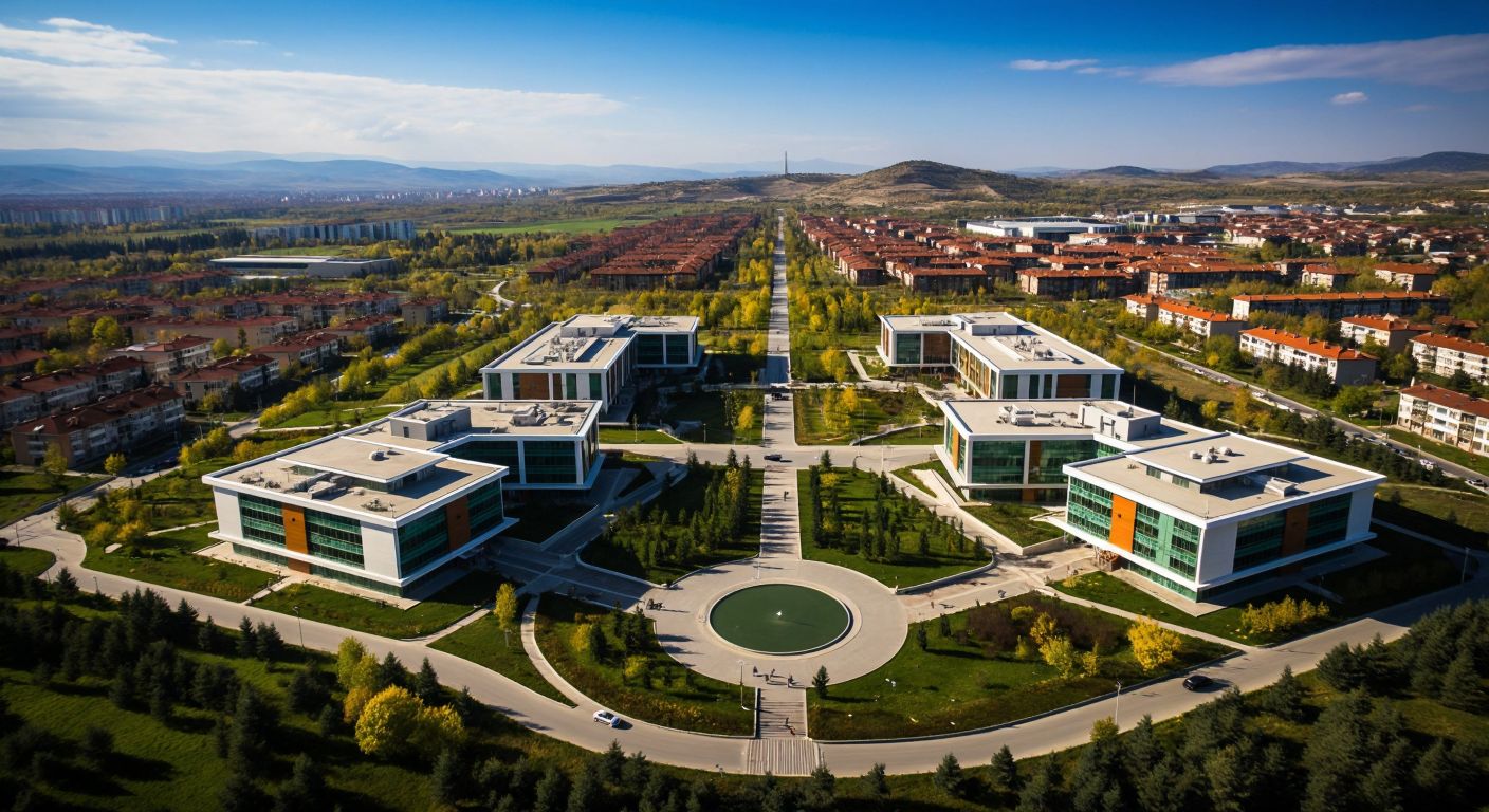 Two distinct university campuses in Eskişehir, one with a modern, planned layout near the city center and the other spread across green, hilly areas like Meşelik, with a prominent medical faculty building.