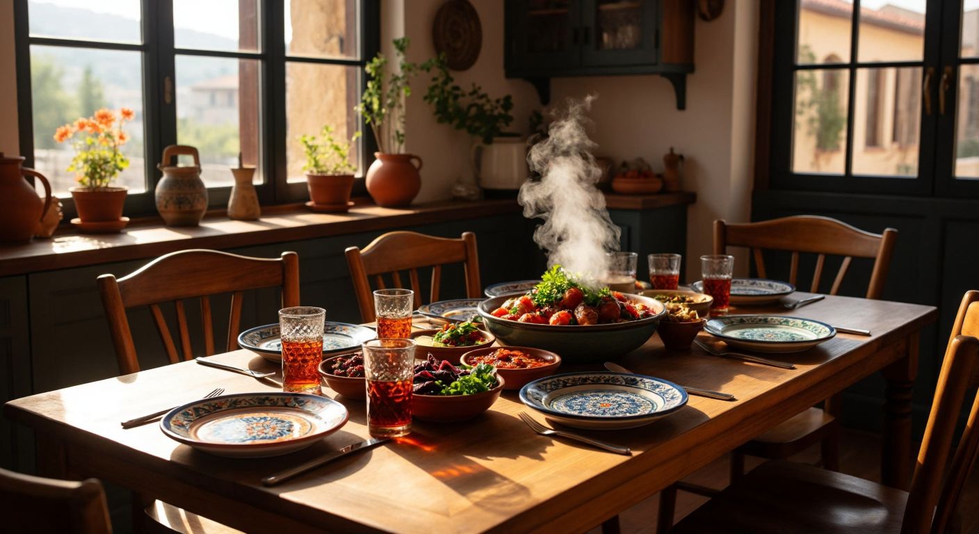 A warm Turkish kitchen with a sturdy wooden dining table surrounded by colorful ceramic plates, steaming çay glasses, and a bowl of fresh meze, evoking comfort and quality.
