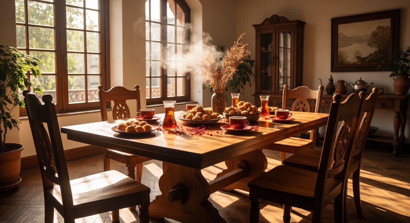 A warm, sunlit Turkish dining room with a sturdy oak table coated in glossy resin, surrounded by carved wooden chairs and topped with a steaming plate of baklava and small cups of Turkish tea.