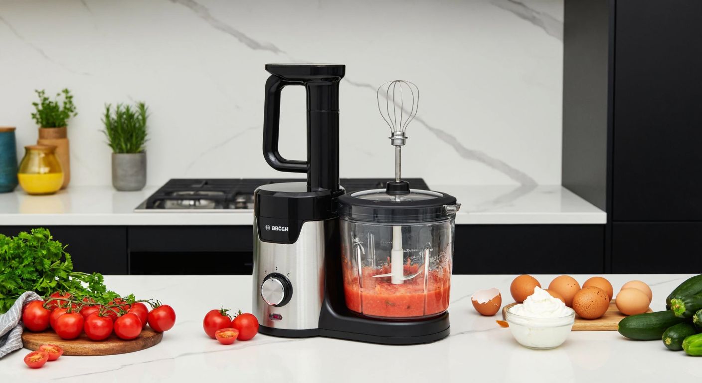 A modern Turkish kitchen with a Bosch long mixer blending vibrant ingredients like tomatoes, herbs, and eggs on a marble countertop, surrounded by fresh vegetables and a bowl of whipped cream.