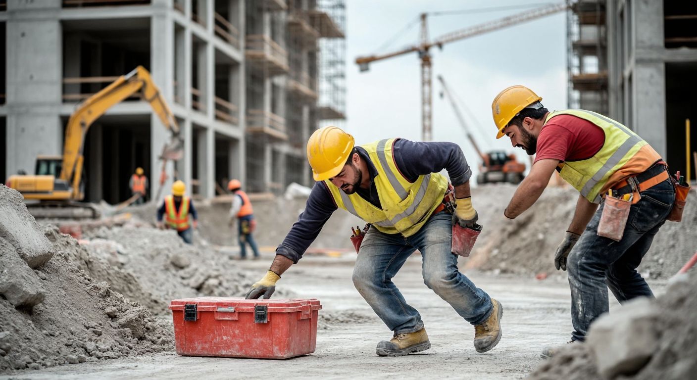 A construction worker in a yellow hard hat narrowly avoids a falling toolbox, while another worker nearby clutches his arm in pain after being struck by a similar falling object, set against the backdrop of a busy Turkish construction site.