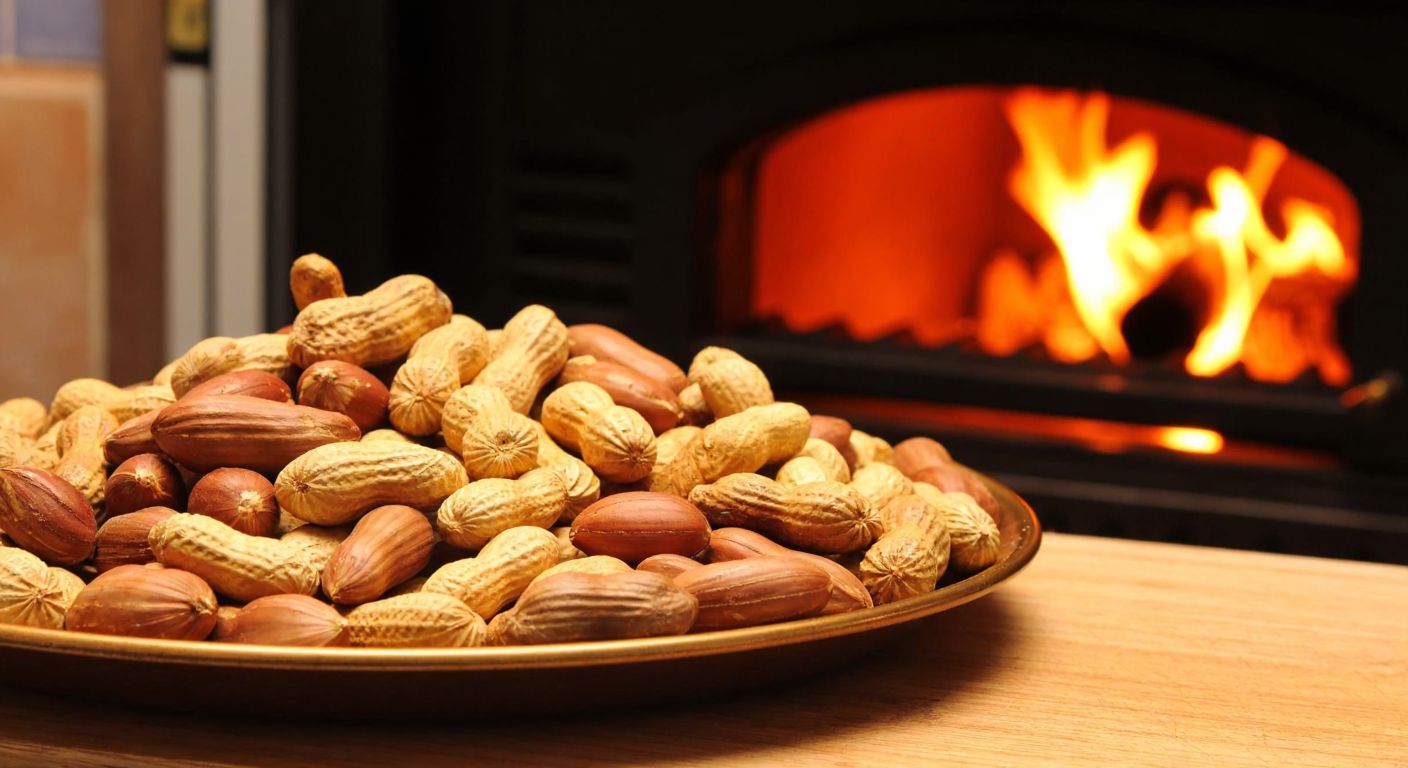 A warm, golden tray of freshly roasted peanuts, some shelled and some in their brown shells, sits on a wooden kitchen counter in Turkey, with a traditional oven glowing softly in the background.