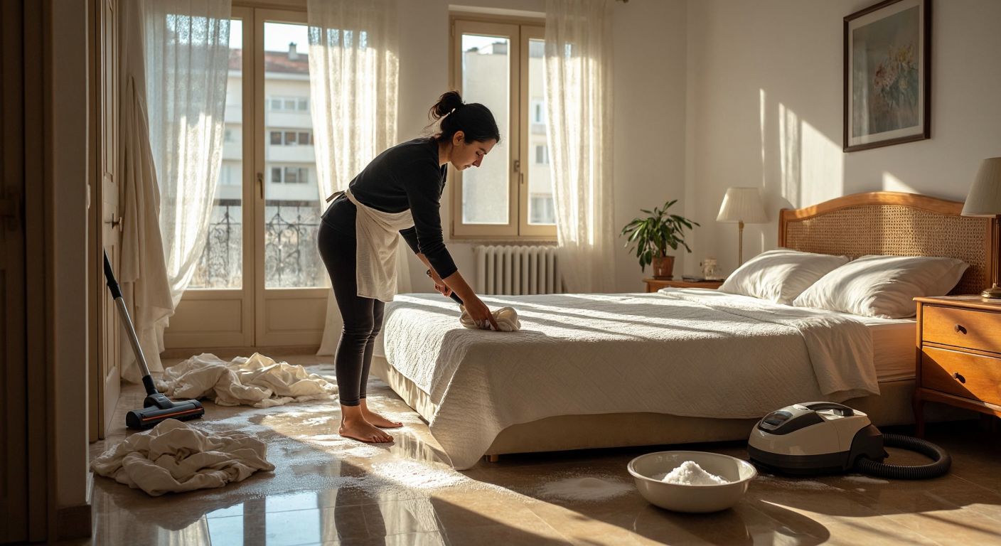A Turkish woman in a sunlit bedroom carefully scrubbing a foam mattress with a damp cloth, surrounded by a pile of removed bedsheets, a vacuum cleaner nearby, and a bowl of baking soda on the floor.