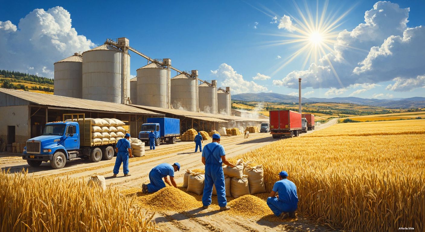 A bustling Turkish feed mill with workers in blue overalls stacking sacks of grain and animal feed under a bright sun, surrounded by golden wheat fields and delivery trucks.